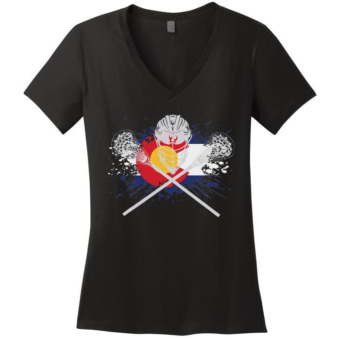 Lacrosse Sticks Crossed Helmet Lax Colorado Flag Women's V-Neck T-Shirt