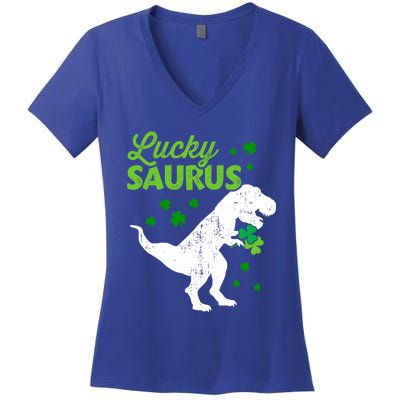 Lucky Saurus Dinosaur Tfunny Giftrex For St Patricks Day Gift Women's V-Neck T-Shirt