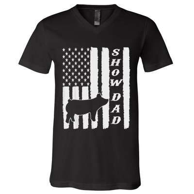 Livestock Show Dad Grungy Flag Stockshow Sow Pig Swine V-Neck T-Shirt
