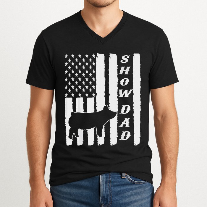 Livestock Show Dad Grungy Flag Stockshow Sow Pig Swine V-Neck T-Shirt