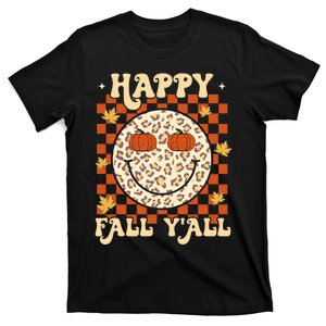 Leopard Smile Face Happy Fall Y'all Retro Groovy Autumn T-Shirt