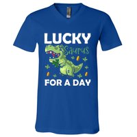 Lucky Saurus For A Day Dinosaur St Patrick's Day Vibes Gift V-Neck T-Shirt