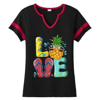 Love Summer Flip Flops Pineapple Tropical Fruit Beach Lovers Ladies Halftime Notch Neck Tee