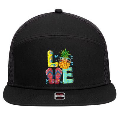 Love Summer Flip Flops Pineapple Tropical Fruit Beach Lovers 7 Panel Mesh Trucker Snapback Hat