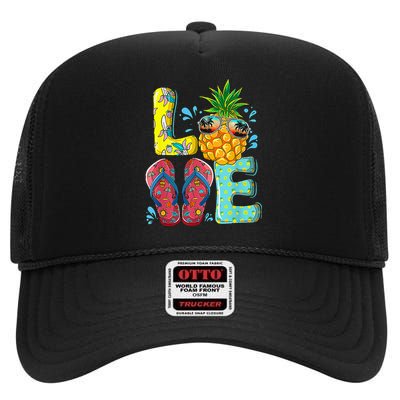 Love Summer Flip Flops Pineapple Tropical Fruit Beach Lovers High Crown Mesh Back Trucker Hat