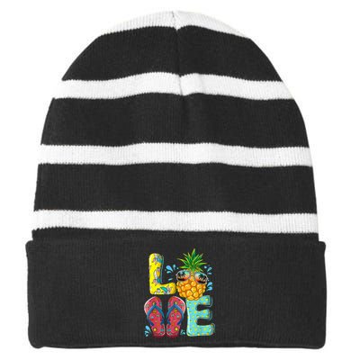 Love Summer Flip Flops Pineapple Tropical Fruit Beach Lovers Striped Beanie with Solid Band