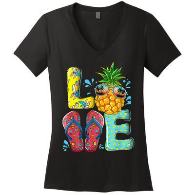 Love Summer Flip Flops Pineapple Tropical Fruit Beach Lovers Women's V-Neck T-Shirt