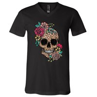 Loves Skull Flower Leopard Cheetah Skull V-Neck T-Shirt