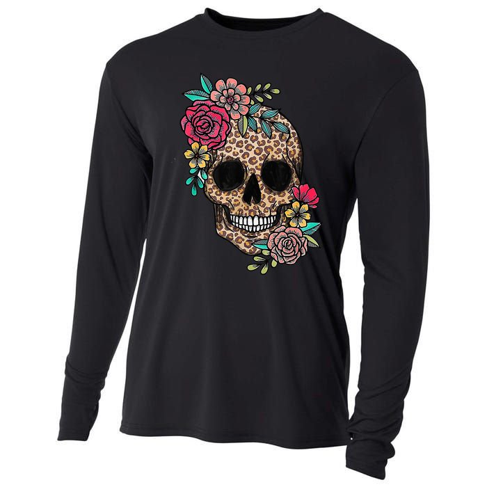 Loves Skull Flower Leopard Cheetah Skull Cooling Performance Long Sleeve Crew