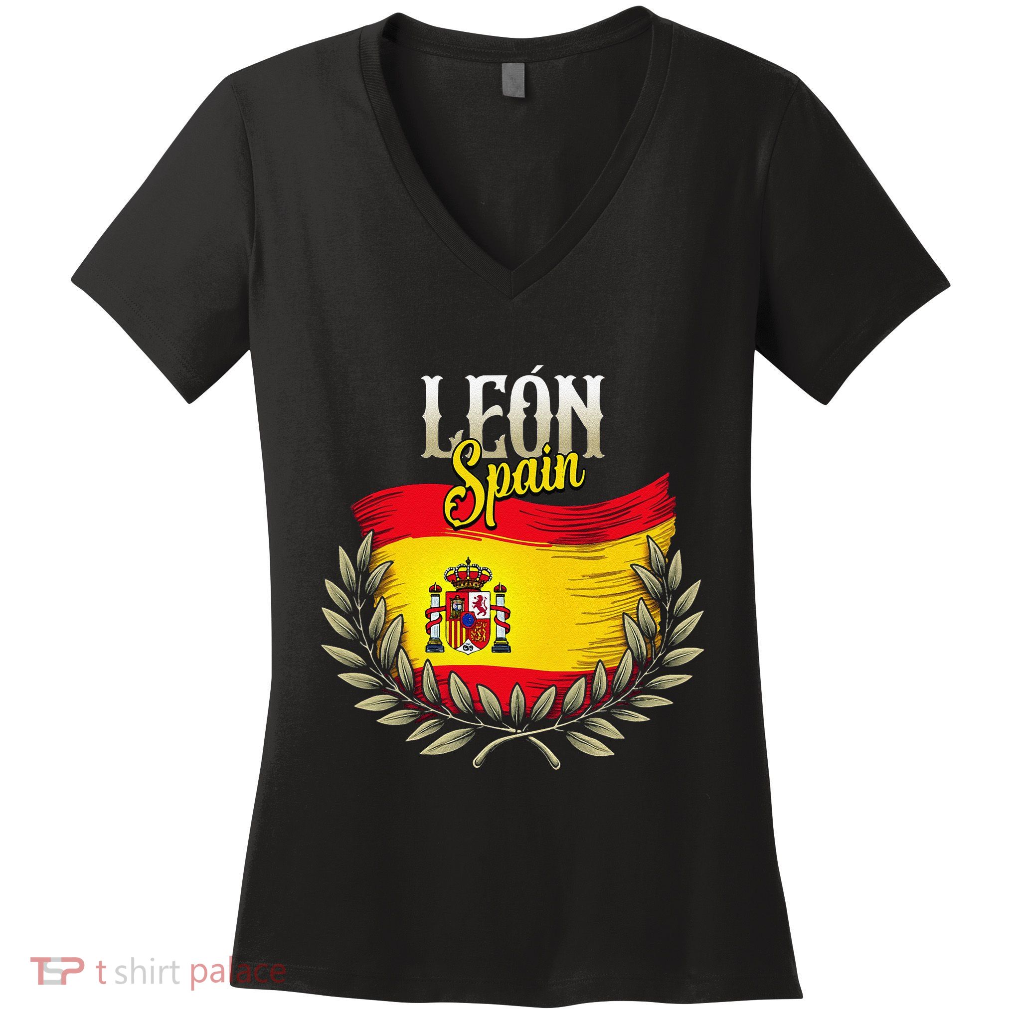 Leon Spain Flag Spanish City Leon Vacation Travel Women's V-Neck T-Shirt