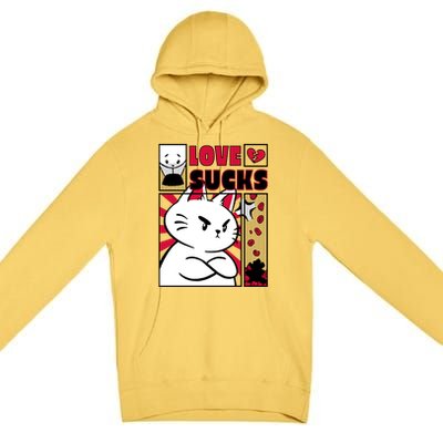 Love Sucks Funny Valentine's Day Angry Cat Meow Premium Pullover Hoodie