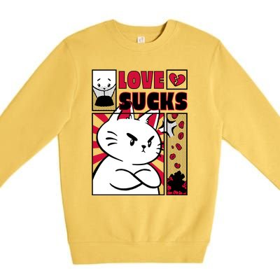 Love Sucks Funny Valentine's Day Angry Cat Meow Premium Crewneck Sweatshirt