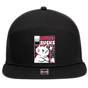 Love Sucks Funny Valentine's Day Angry Cat Meow 7 Panel Mesh Trucker Snapback Hat