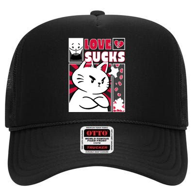 Love Sucks Funny Valentine's Day Angry Cat Meow High Crown Mesh Back Trucker Hat