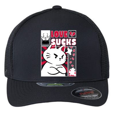 Love Sucks Funny Valentine's Day Angry Cat Meow Flexfit Unipanel Trucker Cap