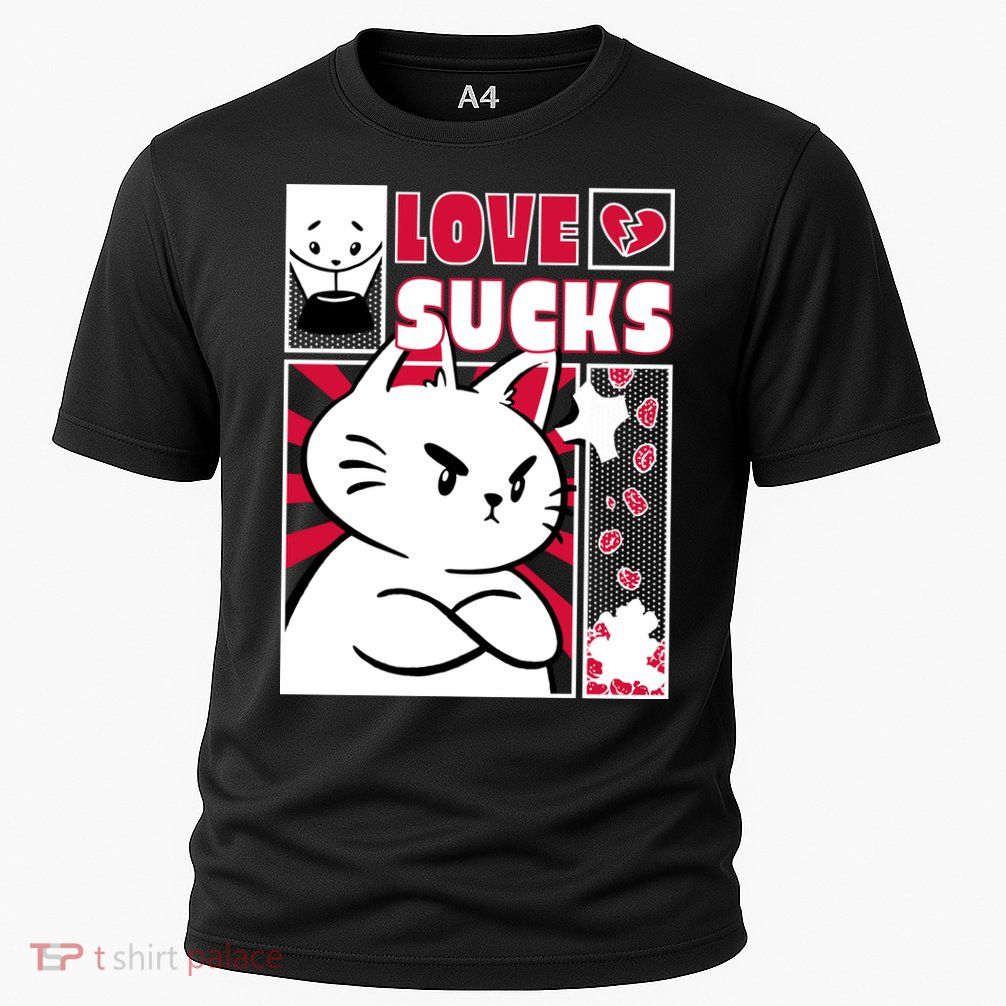 Love Sucks Funny Valentine's Day Angry Cat Meow Cooling Performance Crew T-Shirt