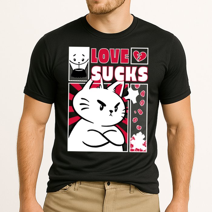 Love Sucks Funny Valentine's Day Angry Cat Meow Cooling Performance Crew T-Shirt