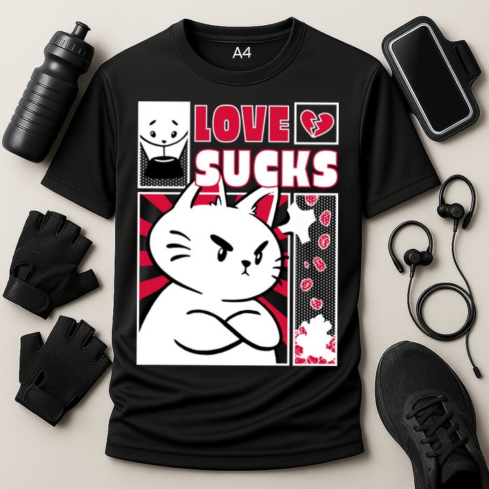Love Sucks Funny Valentine's Day Angry Cat Meow Cooling Performance Crew T-Shirt