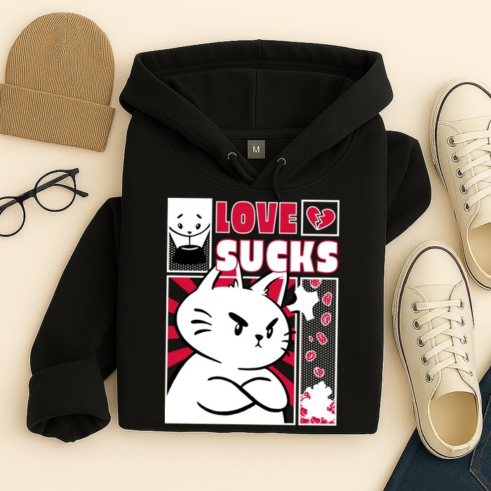 Love Sucks Funny Valentine's Day Angry Cat Meow Hoodie