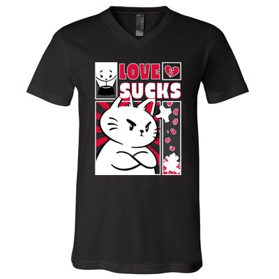 Love Sucks Funny Valentine's Day Angry Cat Meow V-Neck T-Shirt