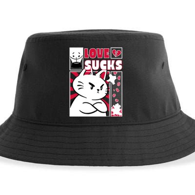 Love Sucks Funny Valentine's Day Angry Cat Meow Sustainable Bucket Hat