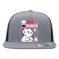 Love Sucks Funny Valentine's Day Angry Cat Meow Flat Bill Trucker Hat