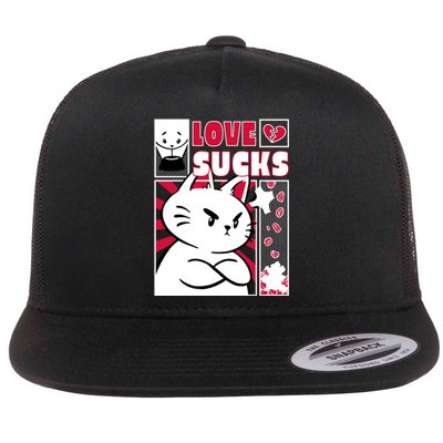 Love Sucks Funny Valentine's Day Angry Cat Meow Flat Bill Trucker Hat