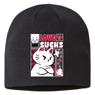 Love Sucks Funny Valentine's Day Angry Cat Meow Sustainable Beanie