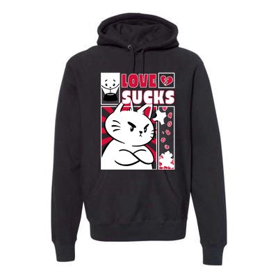 Love Sucks Funny Valentine's Day Angry Cat Meow Premium Hoodie