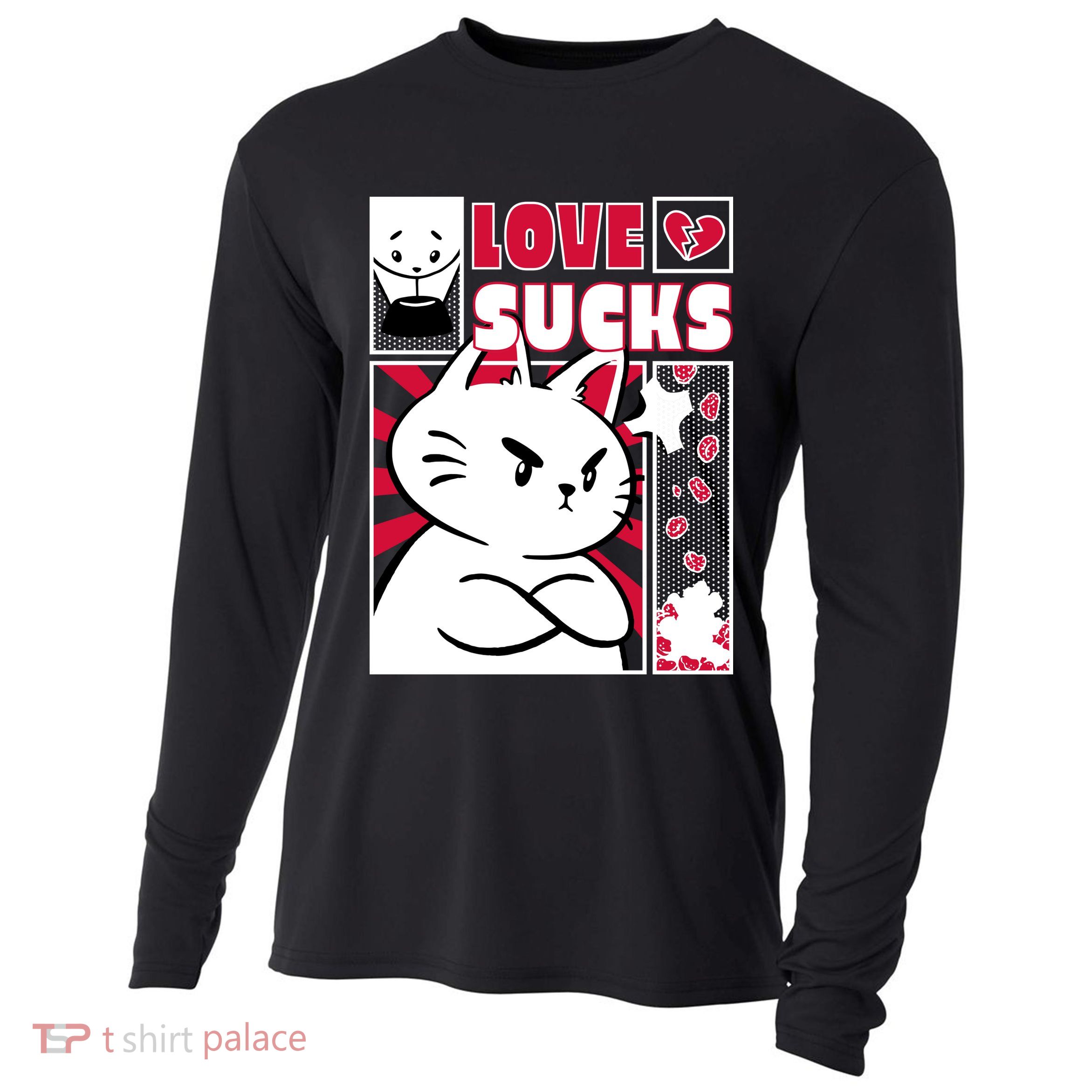 Love Sucks Funny Valentine's Day Angry Cat Meow Cooling Performance Long Sleeve Crew