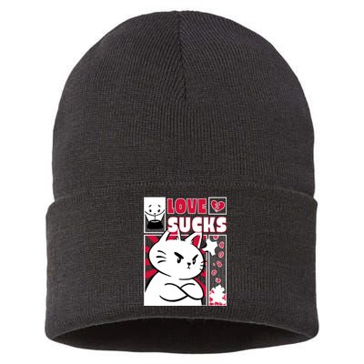 Love Sucks Funny Valentine's Day Angry Cat Meow Sustainable Knit Beanie