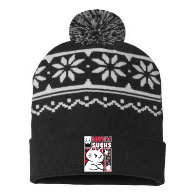 Love Sucks Funny Valentine's Day Angry Cat Meow USA-Made Snowflake Beanie