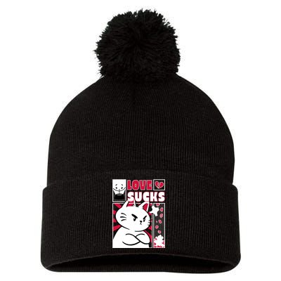 Love Sucks Funny Valentine's Day Angry Cat Meow Pom Pom 12in Knit Beanie