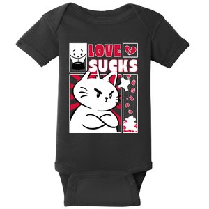 Love Sucks Funny Valentine's Day Angry Cat Meow Baby Bodysuit