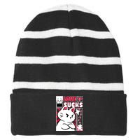 Love Sucks Funny Valentine's Day Angry Cat Meow Striped Beanie with Solid Band