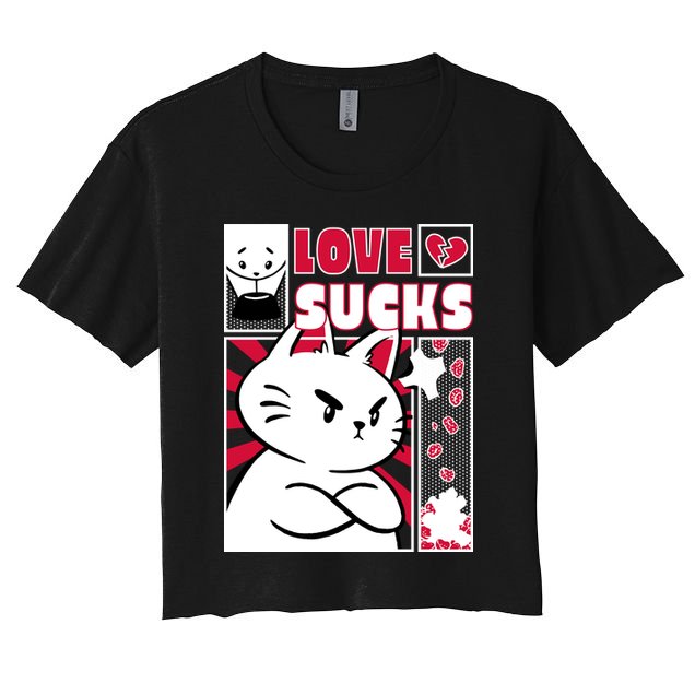 Love Sucks Funny Valentine's Day Angry Cat Meow Crop Top