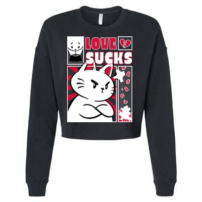 Love Sucks Funny Valentine's Day Angry Cat Meow Cropped Pullover Crew