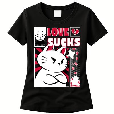 Love Sucks Funny Valentine's Day Angry Cat Meow Womens T-Shirt