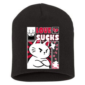 Love Sucks Funny Valentine's Day Angry Cat Meow Short Acrylic Beanie