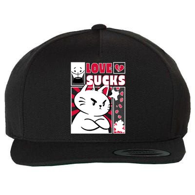 Love Sucks Funny Valentine's Day Angry Cat Meow Wool Snapback Cap