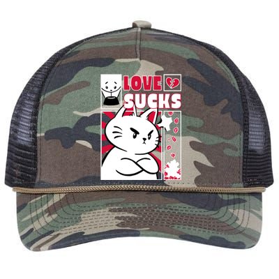 Love Sucks Funny Valentine's Day Angry Cat Meow Retro Rope Trucker Hat Cap