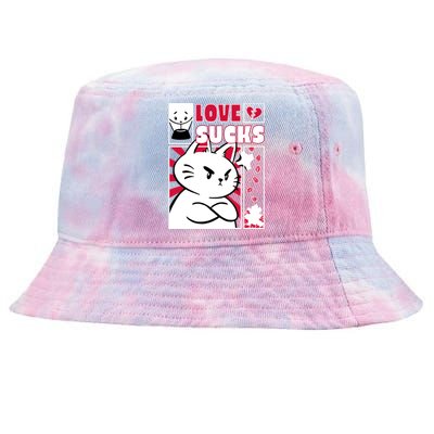 Love Sucks Funny Valentine's Day Angry Cat Meow Tie-Dyed Bucket Hat