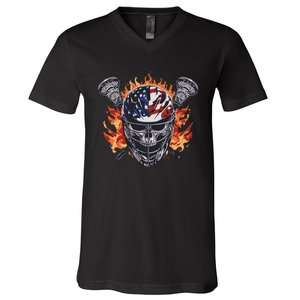 Lacrosse Skull Flames V-Neck T-Shirt