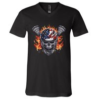 Lacrosse Skull Flames V-Neck T-Shirt