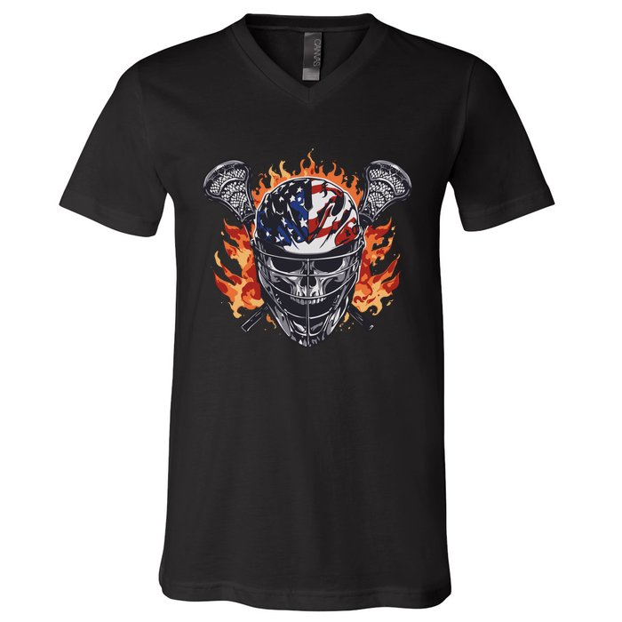 Lacrosse Skull Flames V-Neck T-Shirt