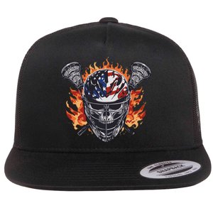 Lacrosse Skull Flames Flat Bill Trucker Hat