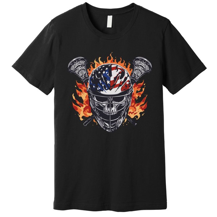 Lacrosse Skull Flames Premium T-Shirt