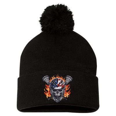 Lacrosse Skull Flames Pom Pom 12in Knit Beanie