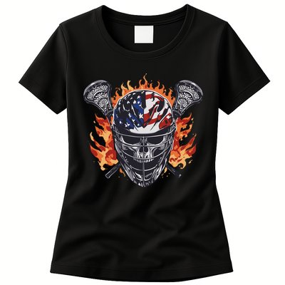 Lacrosse Skull Flames Womens T-Shirt