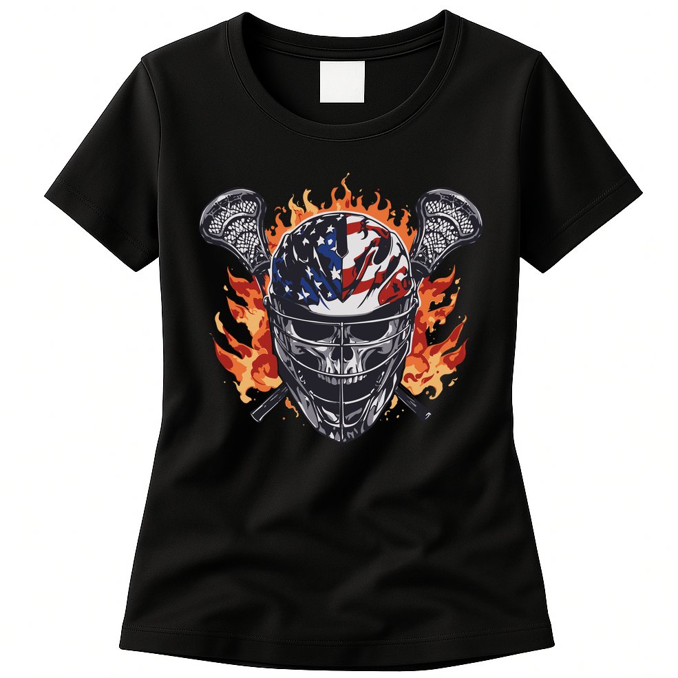 Lacrosse Skull Flames Womens T-Shirt